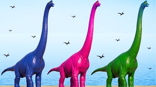 Brachiosaurus Color Pack vs Indominus Rex vs TRex Dinosaurs Fighting in Jurassic World Evolution [upl. by Aicirtam128]