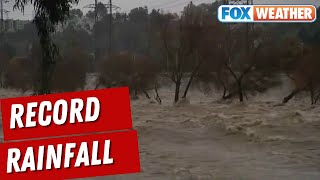 Record Rainfall Flooding Roads Causing Mudslides In Los Angeles During Atmospheric Storm [upl. by Sanburn]