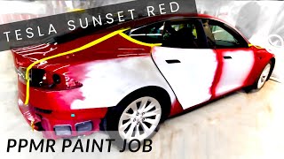 Spraying difficult Sunset Red Pearl Paint job on Tesla Model S  PPMR PMMR Transparent RED [upl. by Atilal]