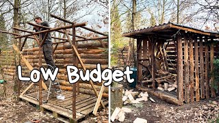 Building a Wilderness Woodshed With Upcycled Materials I OffGrid Living  Low Budget [upl. by Lyrak]