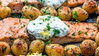 Salmon with Dill Sauce and Roasted Baby Potatoes Sheet Pan Dinner [upl. by Atirres]