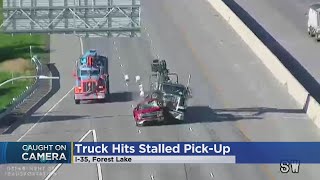 Abandoned Pickup Catches Fire After Crash On I35 [upl. by Ahsinet322]