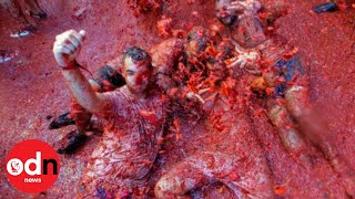 145 TONNES of Tomatoes Thrown During La Tomatina Festival 2019 [upl. by Sherurd]