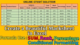 How to Create Beautiful Marksheet in Excel  formula  Conditional formatting Rank Percentage SUM [upl. by Highams]