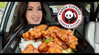 panda express orange chicken  lets catch up  car mukbang [upl. by Oicinoid]