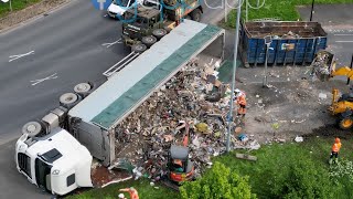 Overturned Lorry Partially Blocks Ainley Top Roundabout Causing Traffic Issues in Huddersfield [upl. by Frantz]