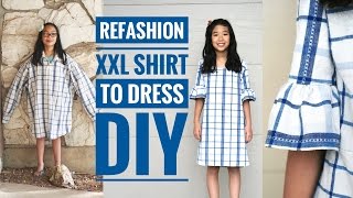 DIY  XXL MENS SHIRT TO GIRLS DRESS W BELL SLEEVES REFASHION [upl. by Zohara]