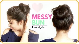 1 Minute EASY Everyday Messy Bun Hairstyle  Simple Bun Hair Tutorial for Medium hair [upl. by Urban199]