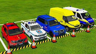 DACIA VOLKSWAGEN FORD POLICE CARS and MERCEDES AMBULANCE VEHICLES TRANSPORTING WITH TRUCKS  FS22 [upl. by Goldberg]