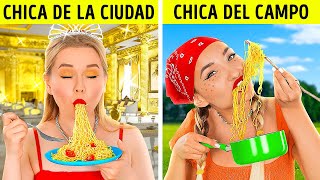 DESAFÍOS DE CHICA DE CIUDAD VS DE PUEBLO  Situaciones divertidas de rico VS pobre de 123 GO FOOD [upl. by Charbonneau954]