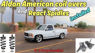 LOWERING 93 GMC SIERRA OBS WITH ALDAN AMERICAN COIL OVERS amp REACT SPINDLES SpinningwrencheswithJ [upl. by Hellene]