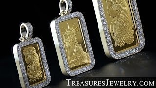 Diamond Encrusted 22K Suisse Gold Bar Pendant  Treasures Jewelry [upl. by Herta147]