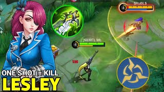 Top global lesley best build emblem 2024 new gemeplay one shot one kill  mobile legends [upl. by Yadsendew]