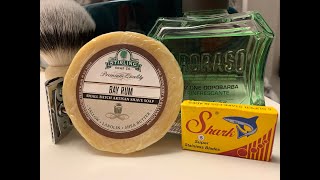 Shark Super Stainless Razor Blades and Stirling Soap Companys Bay Rum shave soap [upl. by Kcirdorb]