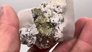 Pyrite and sphalerite on large fluorescent calcites Huanzalla Mine Ancash Peru  25I [upl. by Novah]