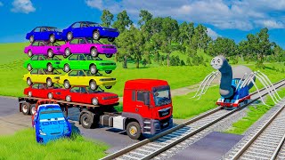 Double Flatbed Trailer Truck vs Speedbumps  Train vs Cars  Tractor vs Train  BeamNGDrive [upl. by Iralam]