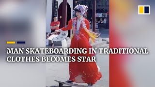 Chinese man skateboarding in traditional clothes becomes internet star [upl. by Nyleve]