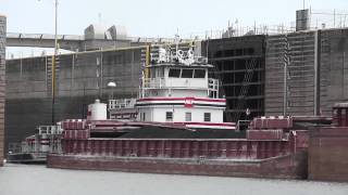 Ohio River Towboat and Barges exiting Meldahl Lock and Dam [upl. by Gorges]