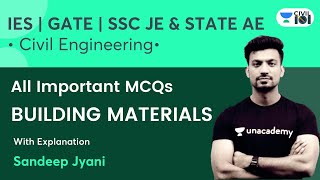 All Important MCQs of Building Materials  GATE  SSC JE  State AEJE  Sandeep Jyani [upl. by Yelyk206]