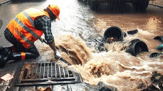 Unclogging Drains to Clear Roads Drainage During Heavy Rainfall [upl. by Annmarie]