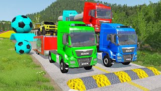 Double Flatbed Trailer Truck vs Speedbumps Train vs Cars  Tractor vs Train BeamngDrive 058 [upl. by Edwards]