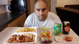 chicken shish kebab with chips takeaway uk mukbang [upl. by Haidebez]