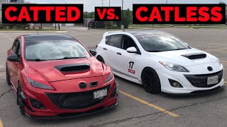 CATLESS vs CATTED DOWNPIPE Mazdaspeed 3 COMPARISON  Which Sounds Better REVS 2 STEP DRIVEBYS [upl. by Joe]