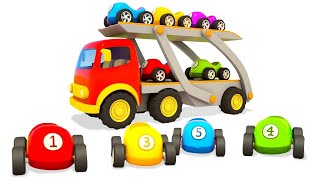 A car transporter for colored racing cars for kids Helper cars full episodes cartoons for kids [upl. by Cornew]