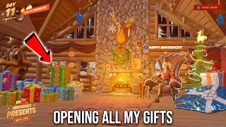 OPENING ALL OF MY FORTNITE CHRISTMAS PRESENTS AT ONCE FREE COSMETICS Lodge Exploration [upl. by Nirehtac737]