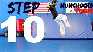 NUNCHUCKS LESSON TUTORIAL STEP 10 TRAINING NUNCHAKU WITH A COMBO KICK BEGINNERS SKILLS [upl. by Noied]