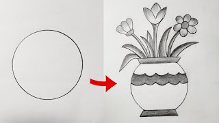 How to draw flower vase 🌷 from circle  flower pot drawing [upl. by Darum]