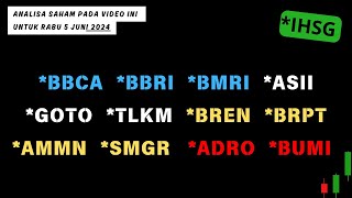 Analisa Saham 5 Juni 2024 IHSG BBCA BBRI BMRI ASII GOTO TLKM BREN BRPT AMMN SMGR ADRO BUMI [upl. by Eenerb]