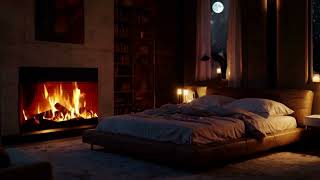 4K ASMR Cosy Ambience Bedroom Fireplace Night Moon Crackling Fire  Relaxing Live Wallpaper [upl. by Kajdan]