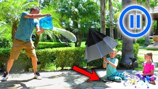 Pause Challenge in Real Life Pranking Our Dad Shrinking Anything He Touches [upl. by Hpeosj171]