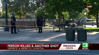 Downtown Stockton shooting leaves 1 dead 1 hurt police say [upl. by Einnor]