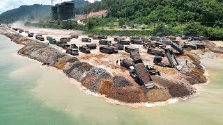 Huge Land Reclamation Process Dump Truck Management Unloading Rock Dirt Bulldozer Pushing Stone [upl. by Enayr]