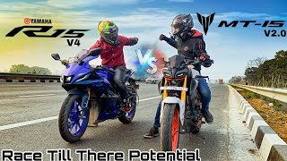 Yamaha MT15 V2 vs Yamaha R15 V4  sports Vs naked  Top End Race [upl. by Rolyat]