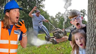 Handyman Hal helps friend with Lawn Care  Mowers and leaf blowers for kids [upl. by Swane]