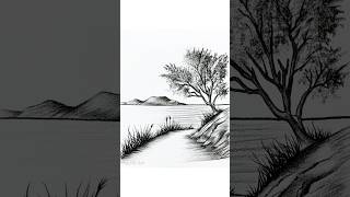 shorts Easy Charcoal Landscaping Drawing Tutorial Tree on a Rock with Lake and Mountains [upl. by Golter185]