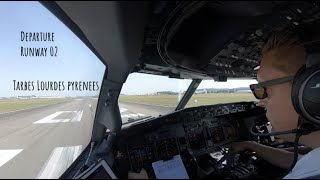 Departure runway 02 Tarbes Lourdes Pyrenees LDE LFBT as seen from the cockpit of a Boeing 737 [upl. by Yelir]