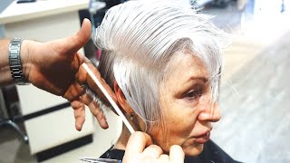 AMAZING HAIRCUT  70S ANTI AGE Short Gray Graduation With Undercut [upl. by Mccoy]