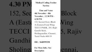 Savista hiring Medical Coding Fresher [upl. by Peggir]