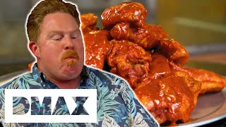 Casey Vs 45lb Ghost Pepper Wings  Man Vs Food [upl. by Anniram]