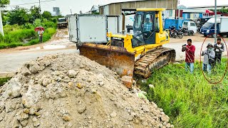 Wonderful First Start New Project by Technique skill Driver Bulldozer With Dump truck 5ton unloading [upl. by Sualocin]