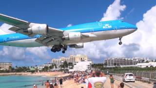 LOWEST EVER KLM Boeing 747 Landing above Maho Beach  SXM St Maarten [upl. by Eladnek]