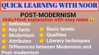 Postmodernism in English LiteratureModernism vs postmodernismTenetcharacteristicsLiterary theory [upl. by Nahguav276]