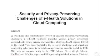 Security and Privacy Preserving Challenges of e Health Solutions in Cloud Computing [upl. by Rajiv182]