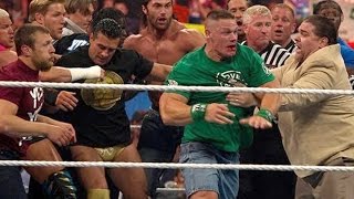 John Cena and Brock Lesnar get into a brawl that clears the entire locker room Raw April 9 2012 [upl. by Oahc604]