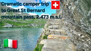 Great St Bernard 2473 meters high mountain pass  fast heartbeat and difficult sleep in our camper [upl. by Kcorb798]