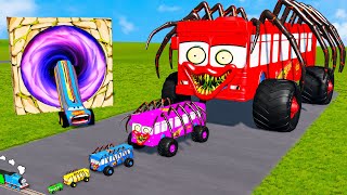 LONG CAR vs Big amp Small Long Bus Spider Lightning McQueen vs Thomas Trains  BeamNGDrive [upl. by Annawit277]